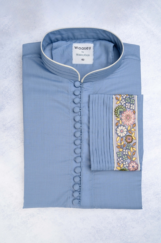 Powder Blue Pleated Panjabi with Floral Embroidery